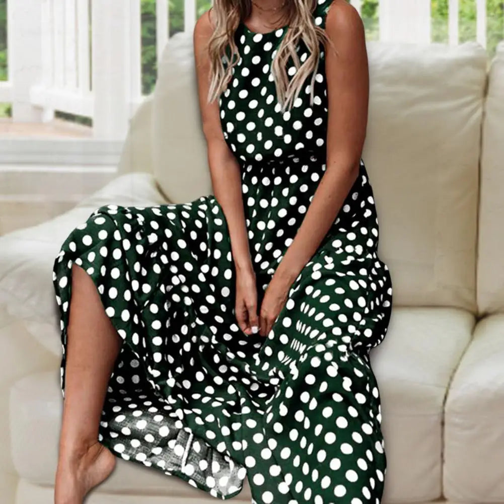 Women's Sleeveless Polka Dot Maxi Dress – Relaxed Fit Casual Everyday Style