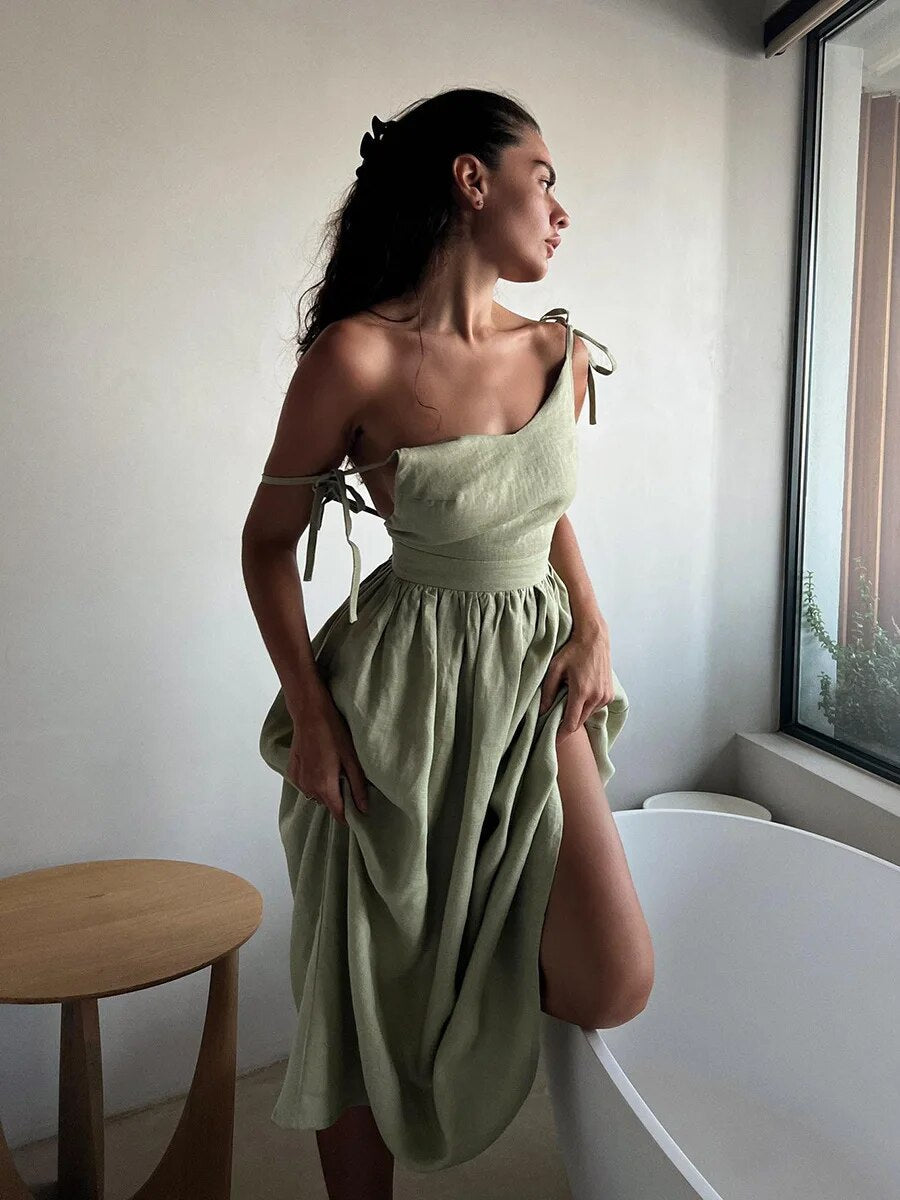 Women's Linen Maxi Dress – Sleeveless Open Back Flared Summer