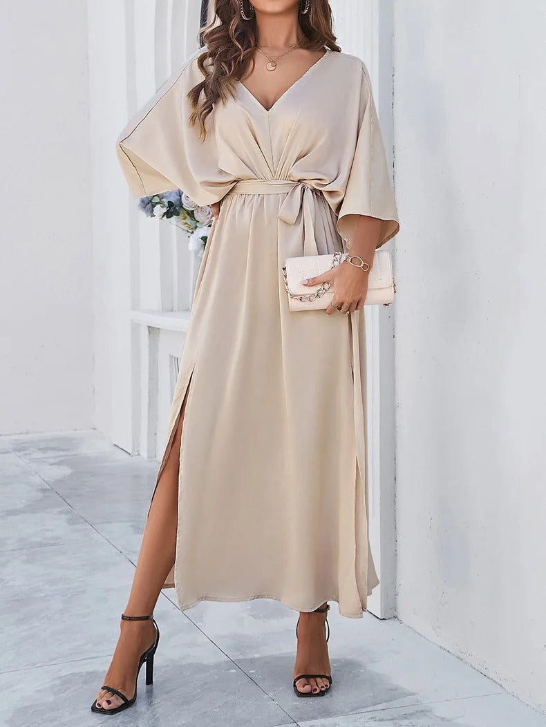 Women's Flowy Maxi Dress – V-Neck Wide Sleeve Chic Relaxed Look