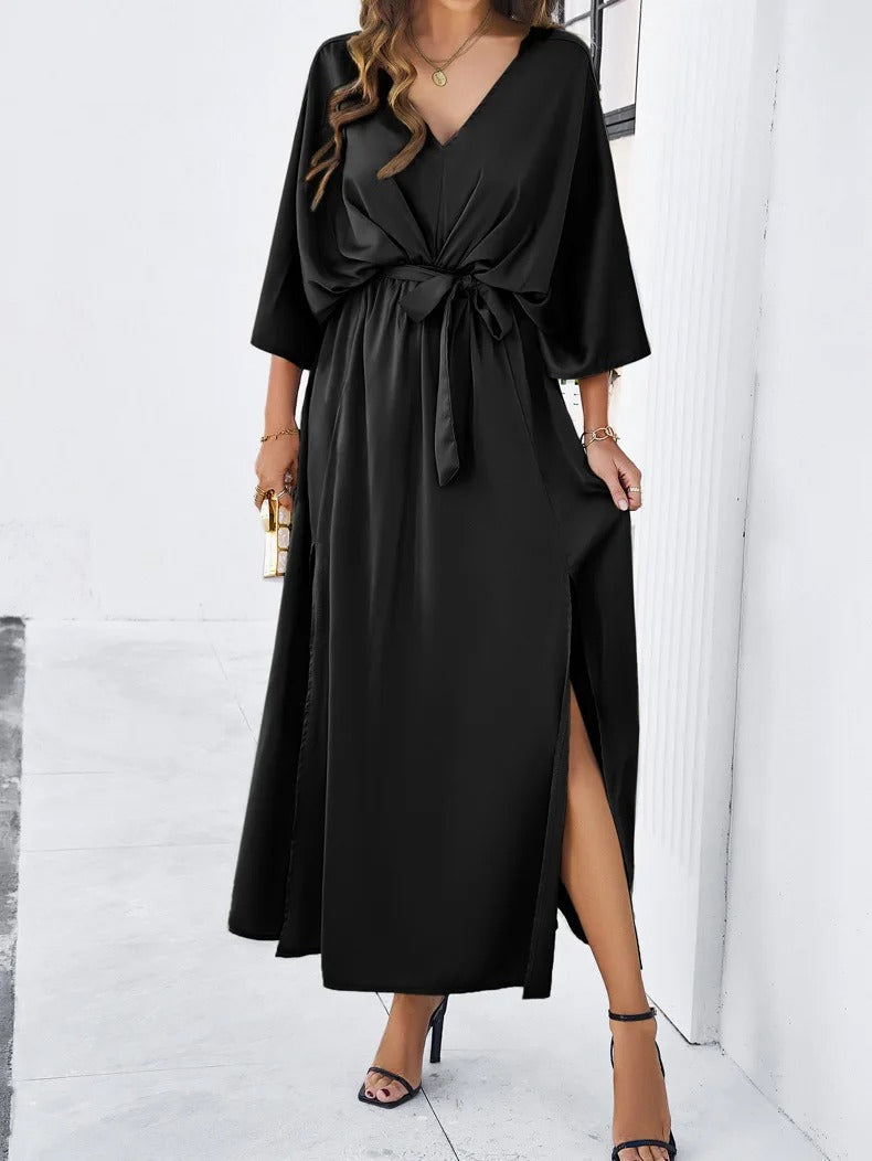 Women's Flowy Maxi Dress – V-Neck Wide Sleeve Chic Relaxed Look