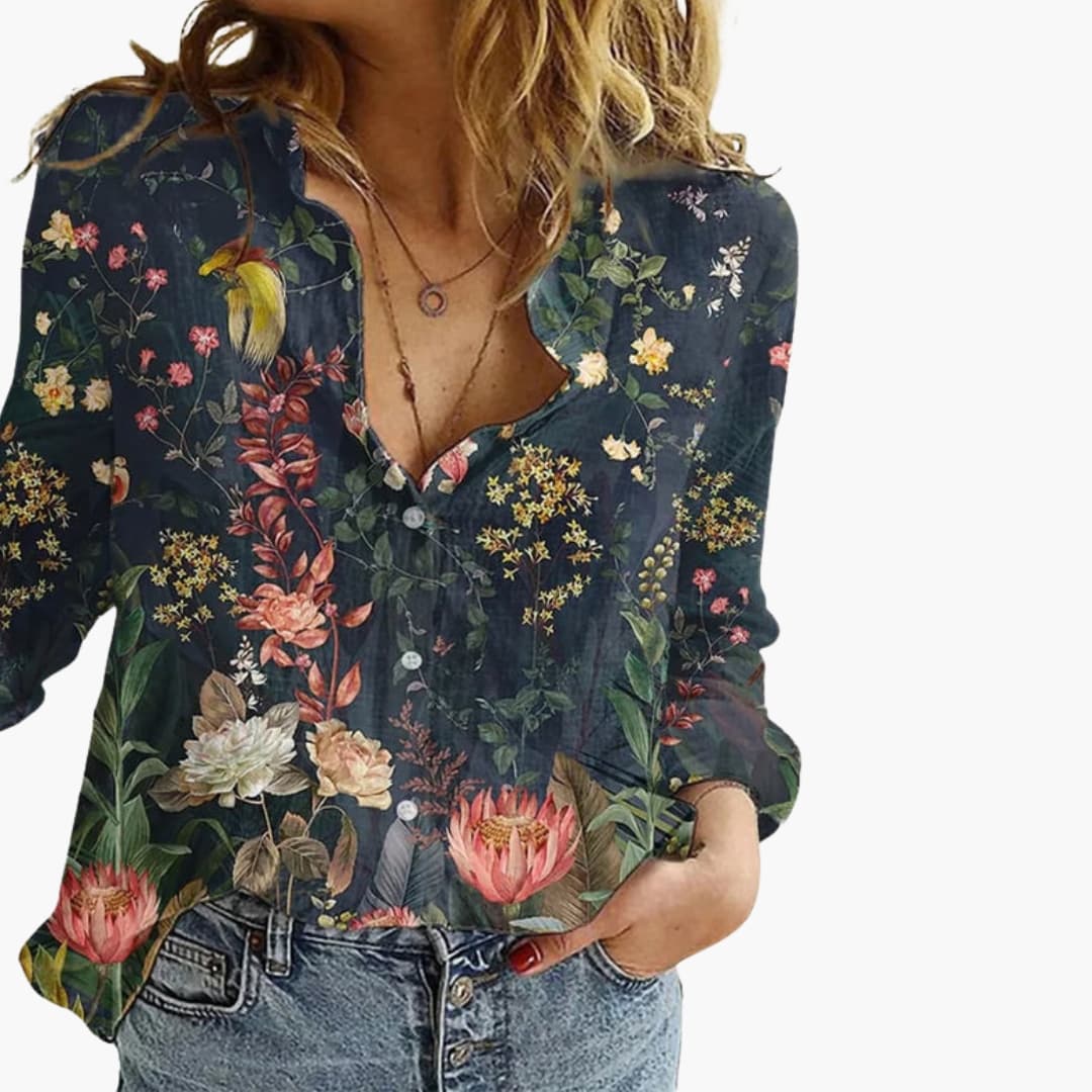 Women's Artistic Print V-Neck Blouse – Long Sleeve Statement Style