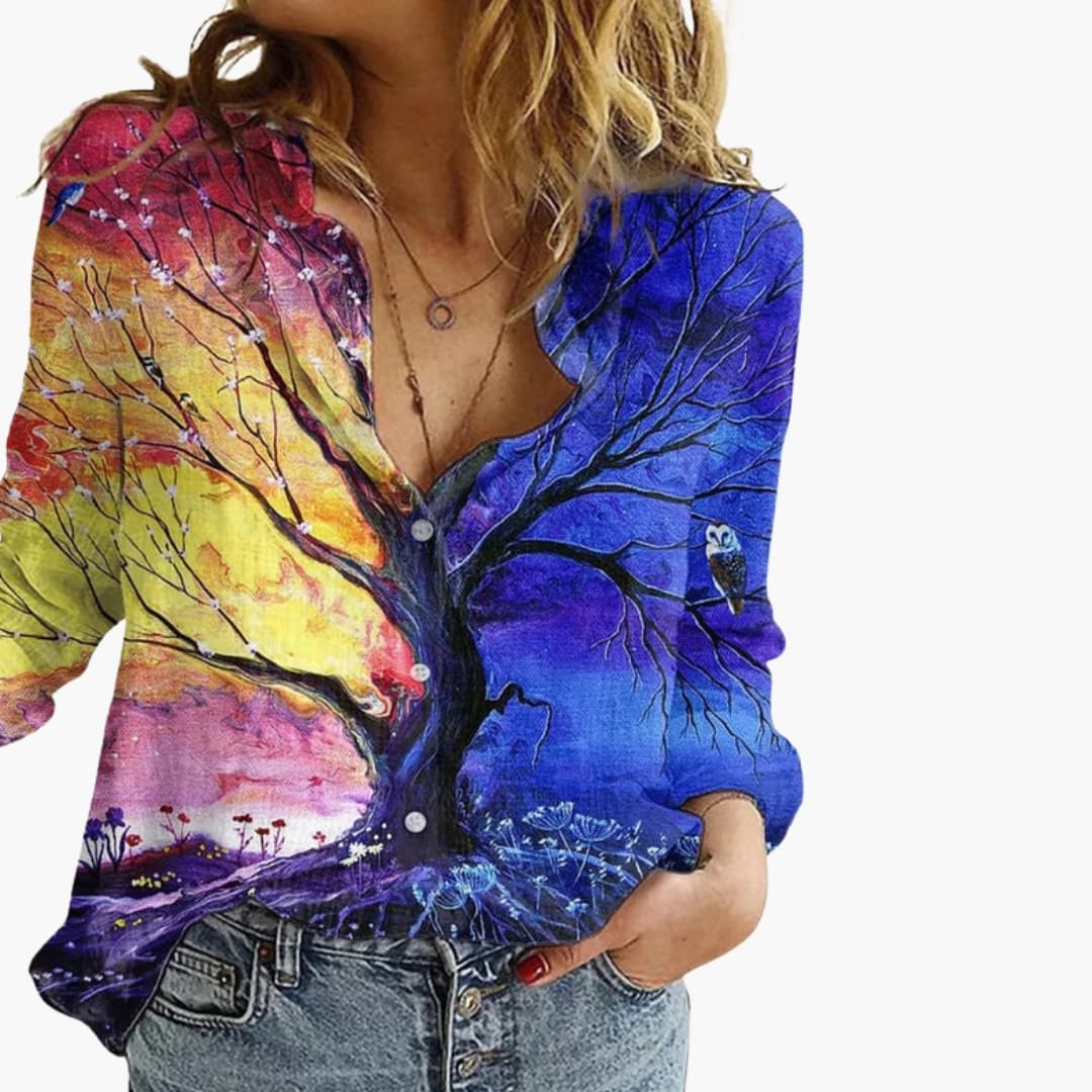 Women's Artistic Print V-Neck Blouse – Long Sleeve Statement Style