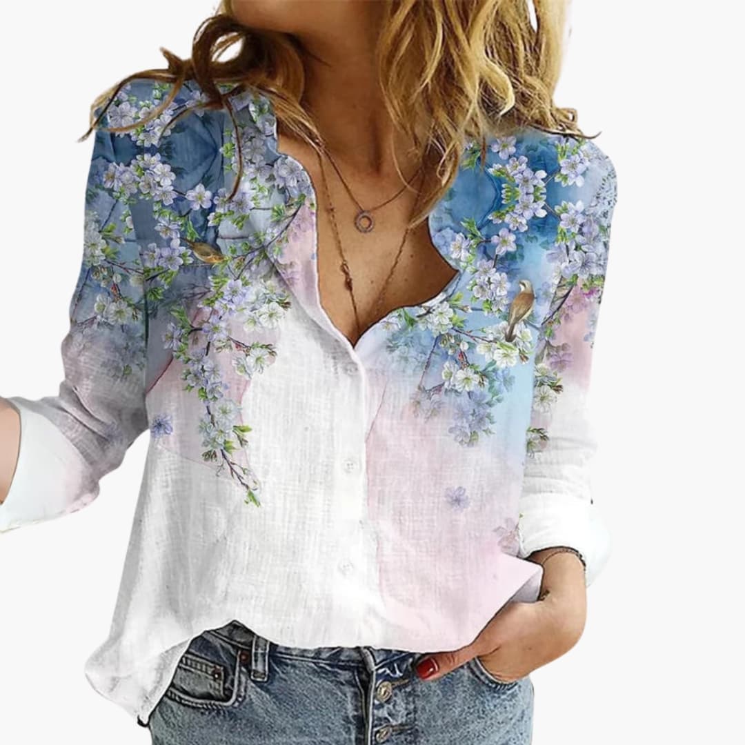 Women's Artistic Print V-Neck Blouse – Long Sleeve Statement Style