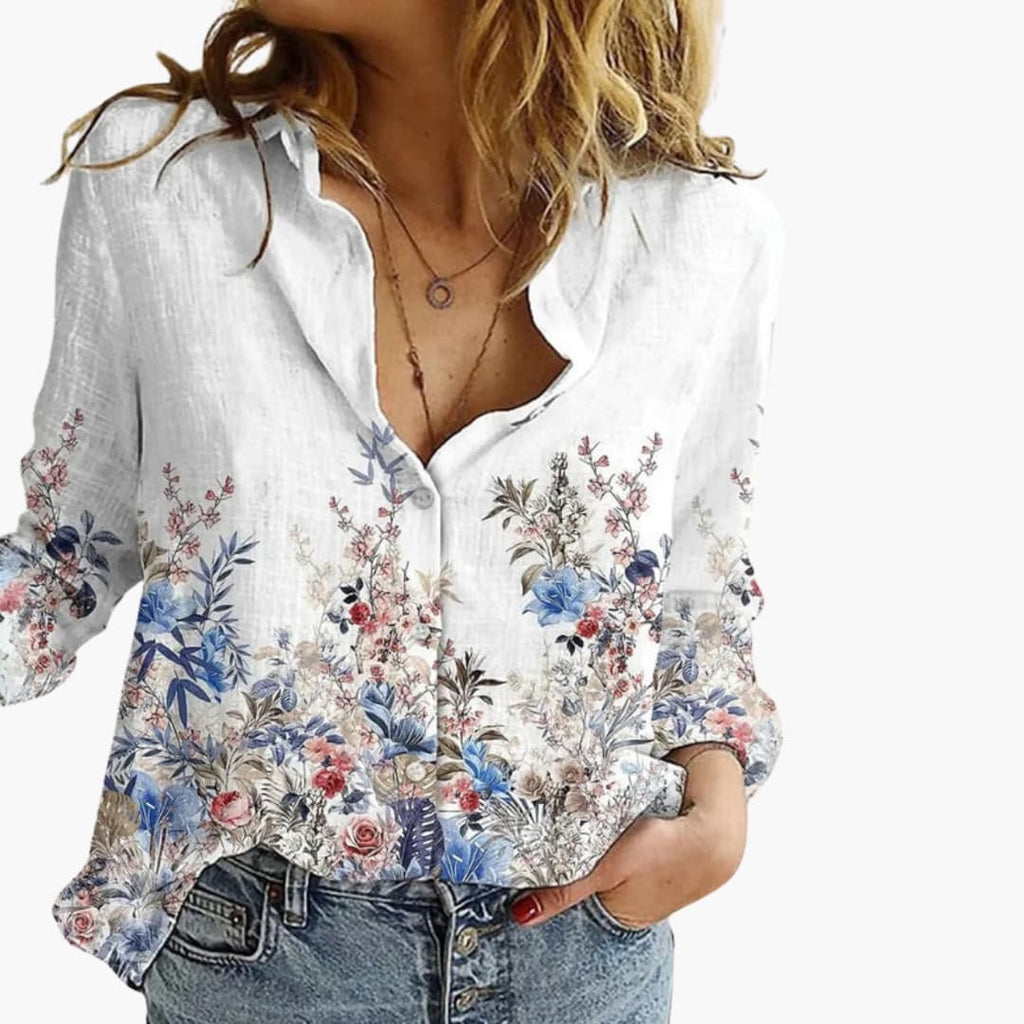 Women's Artistic Print V-Neck Blouse – Long Sleeve Statement Style