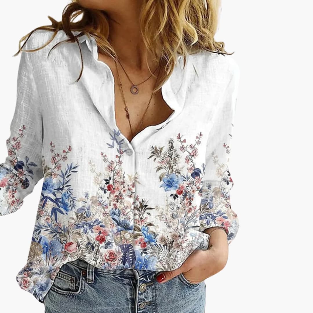 Women's Artistic Print V-Neck Blouse – Long Sleeve Statement Style