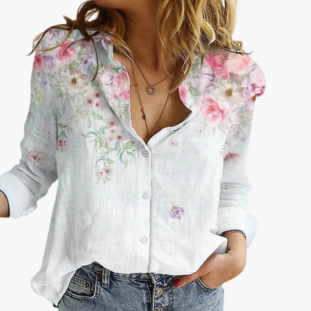 Women's Artistic Print V-Neck Blouse – Long Sleeve Statement Style