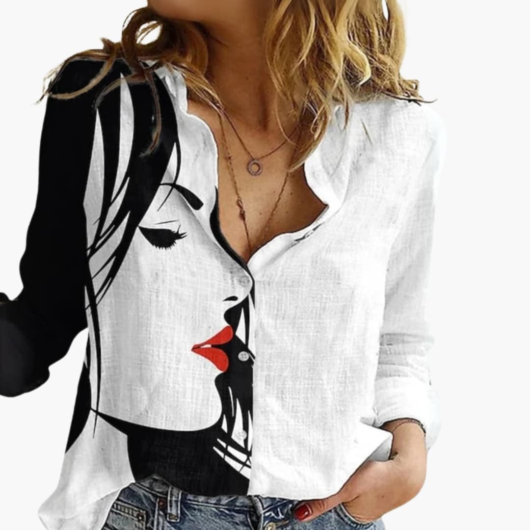 Women's Artistic Print V-Neck Blouse – Long Sleeve Statement Style