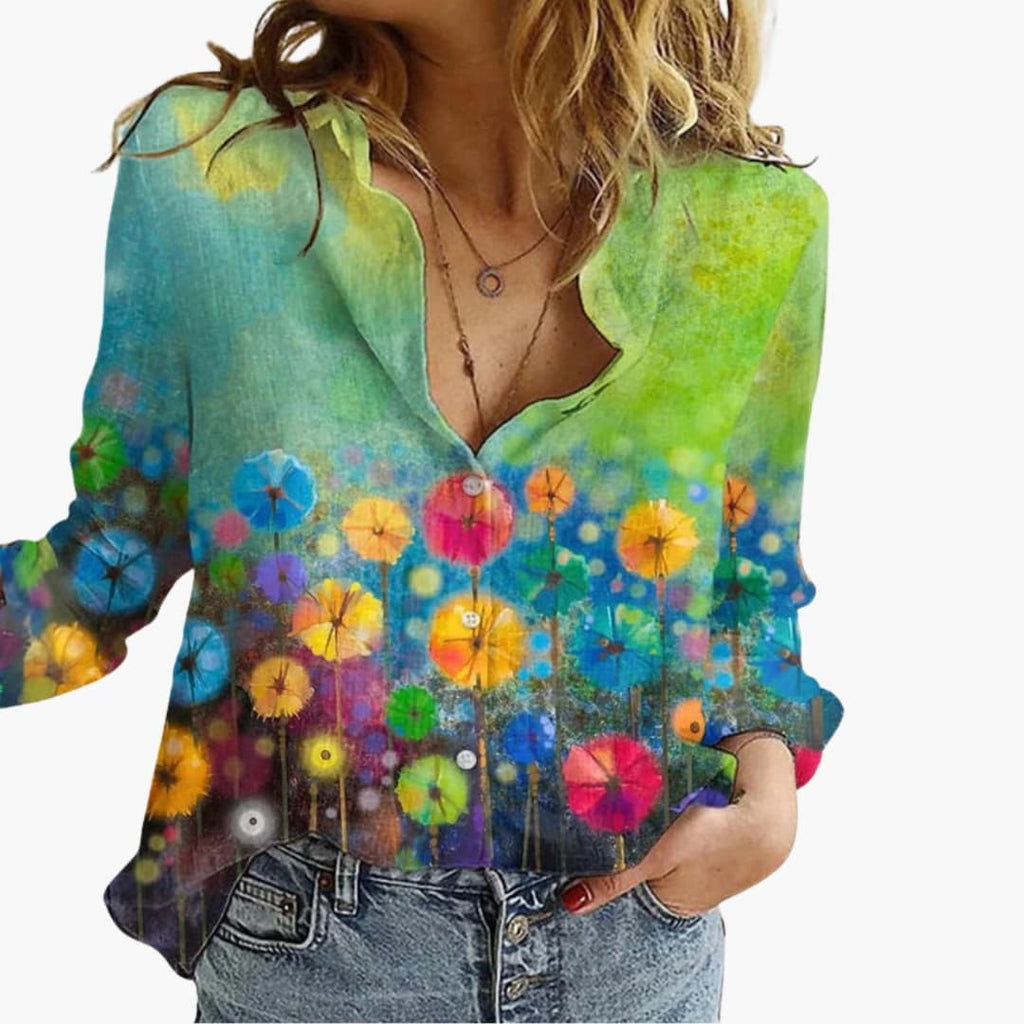 Women's Artistic Print V-Neck Blouse – Long Sleeve Statement Style