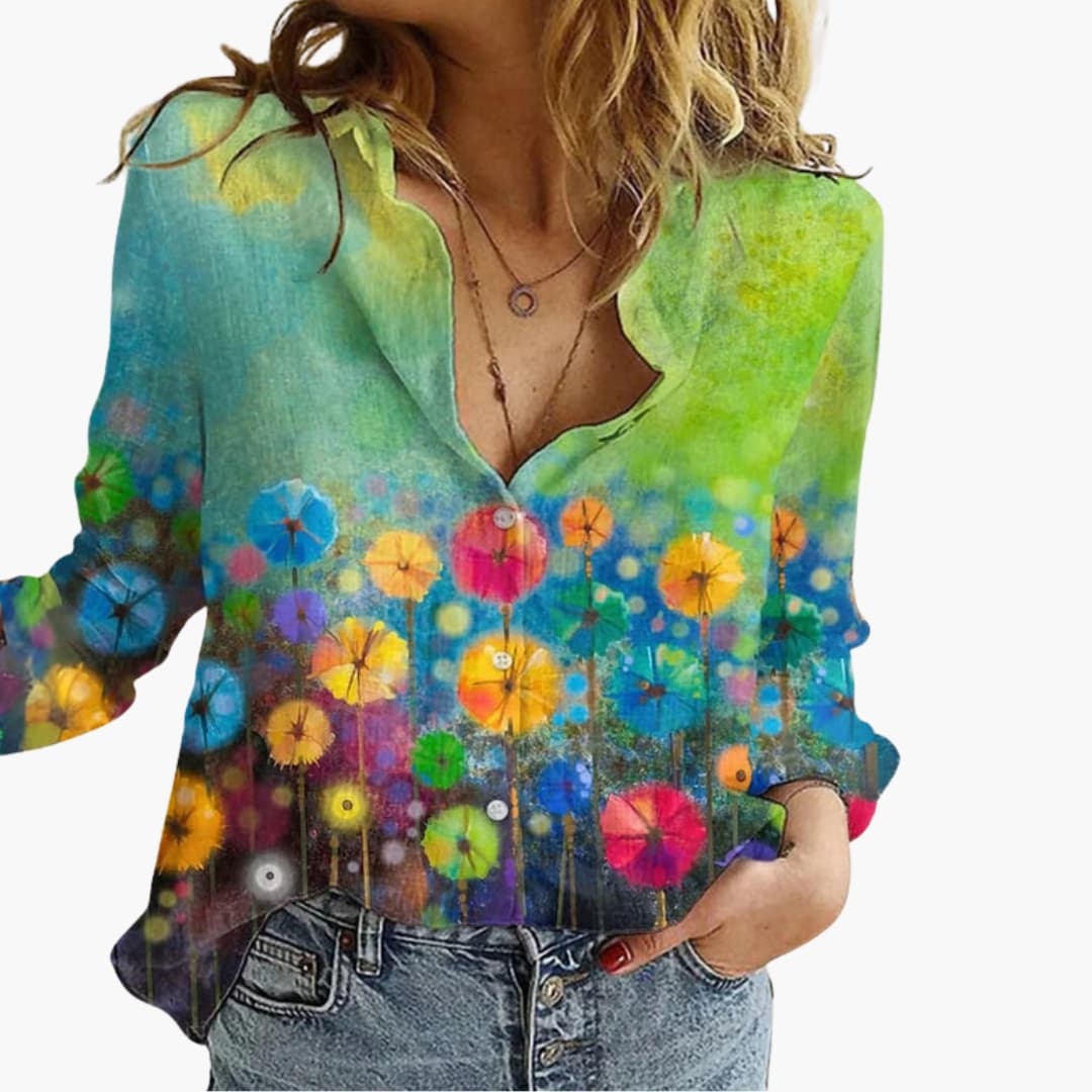 Women's Artistic Print V-Neck Blouse – Long Sleeve Statement Style
