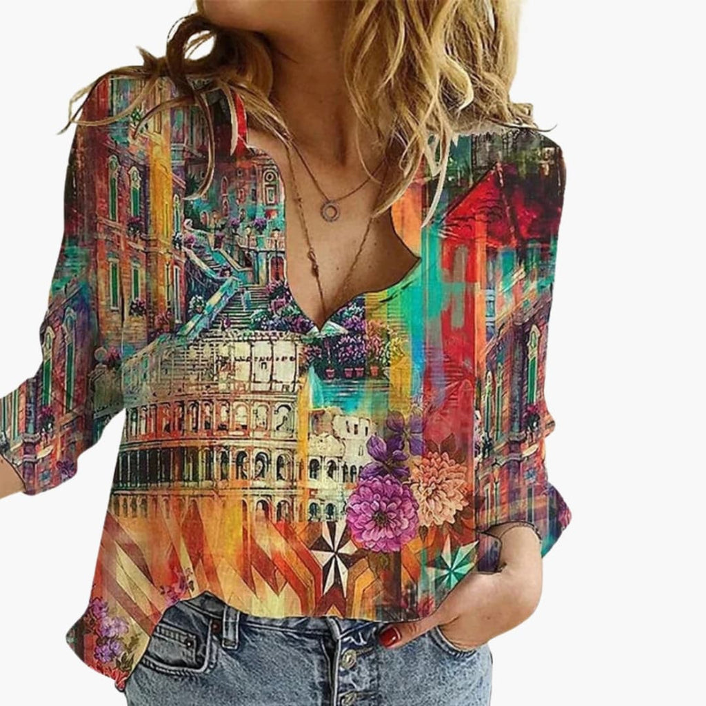 Women's Artistic Print V-Neck Blouse – Long Sleeve Statement Style