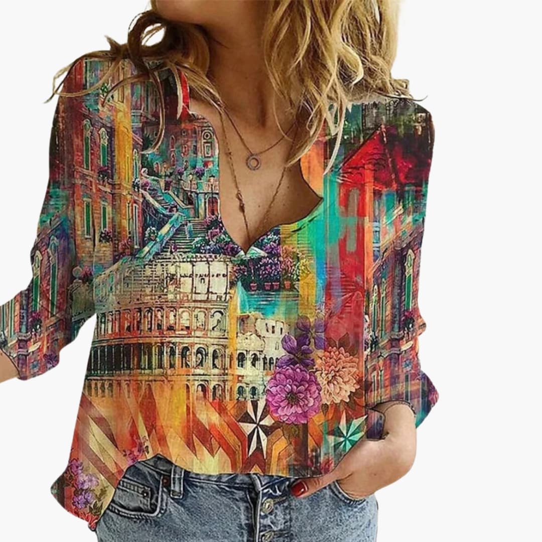 Women's Artistic Print V-Neck Blouse – Long Sleeve Statement Style