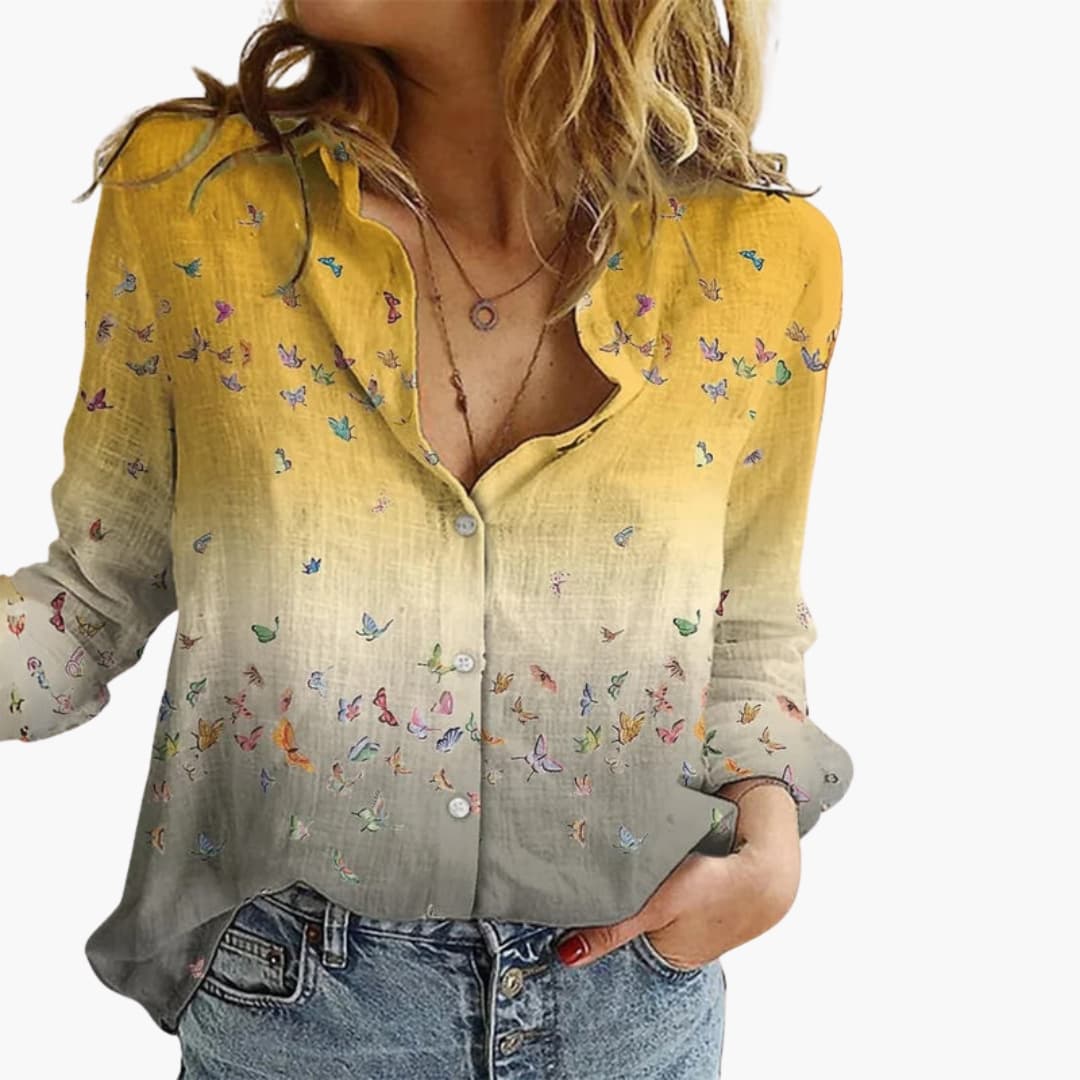 Women's Artistic Print V-Neck Blouse – Long Sleeve Statement Style
