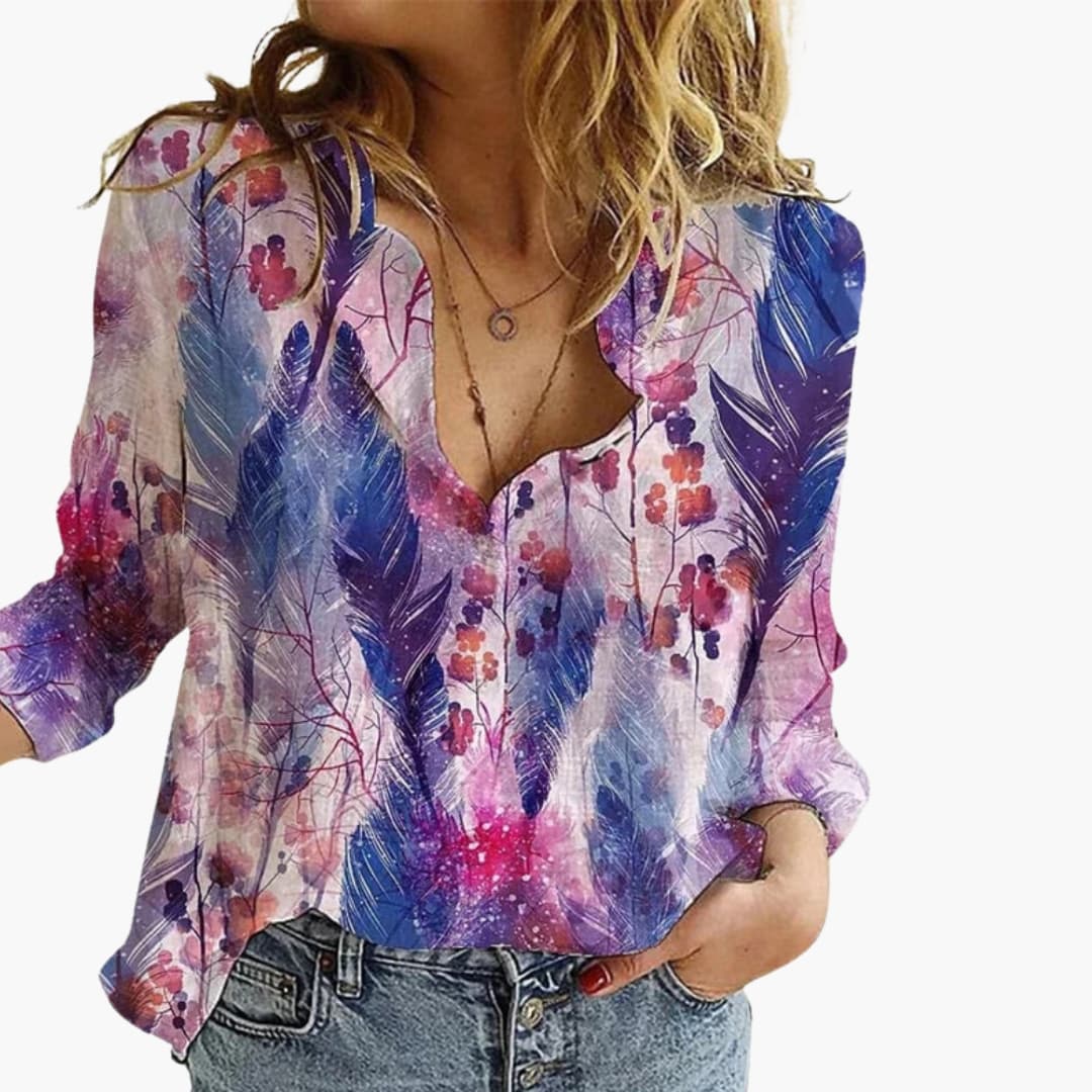 Women's Artistic Print V-Neck Blouse – Long Sleeve Statement Style