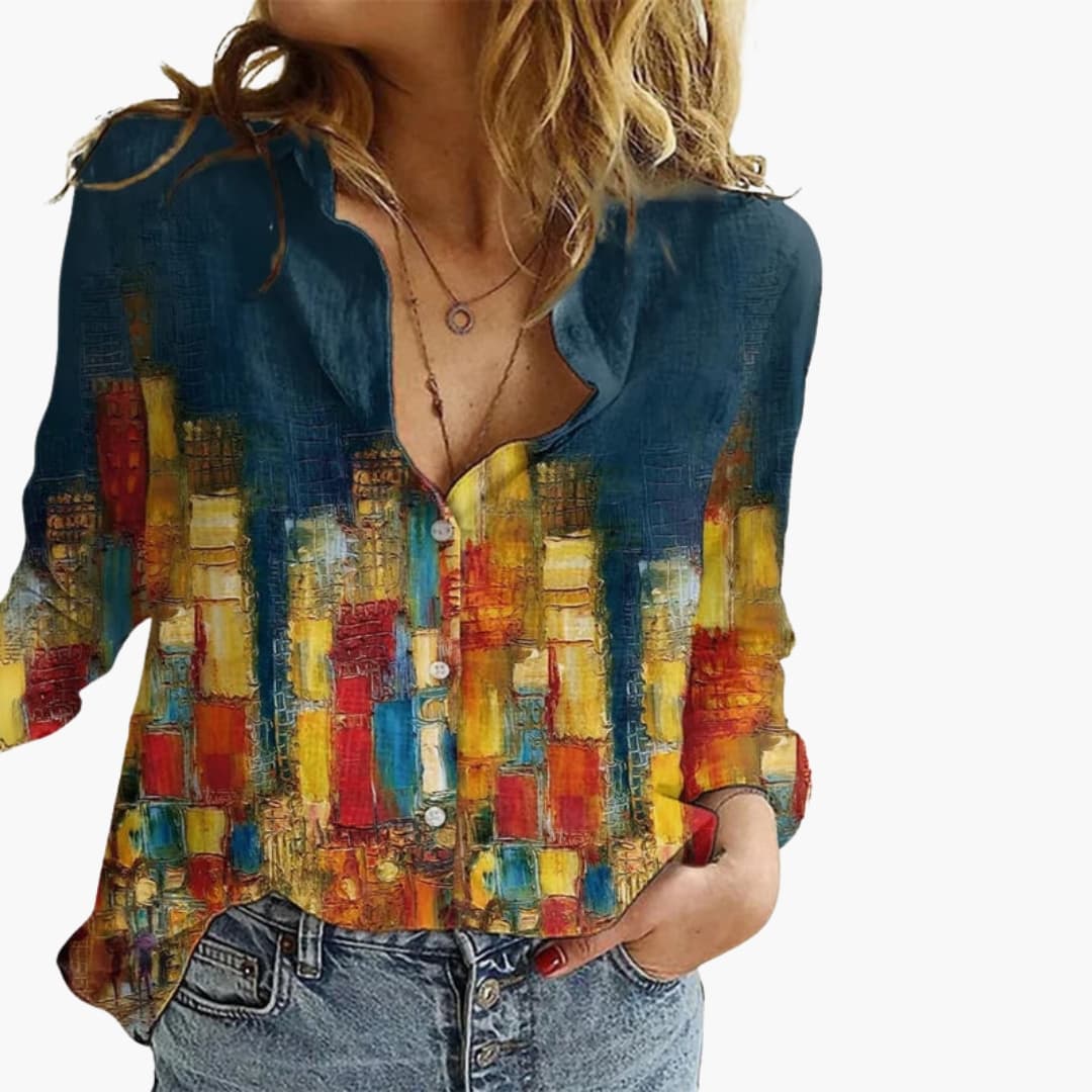 Women's Artistic Print V-Neck Blouse – Long Sleeve Statement Style