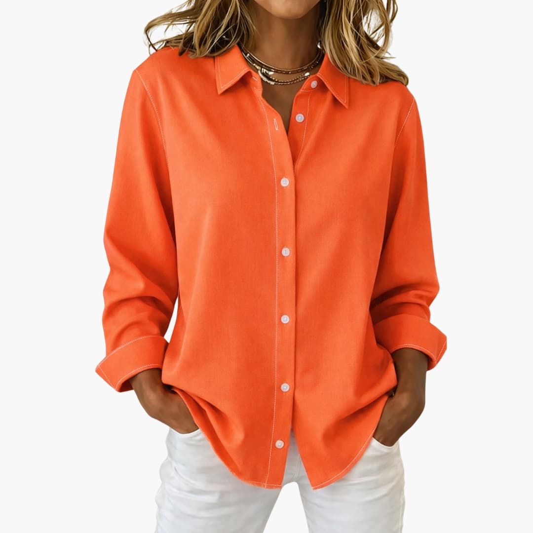 Women's Collared Button-Down Blouse – Long Sleeve Loose Fit Shirt