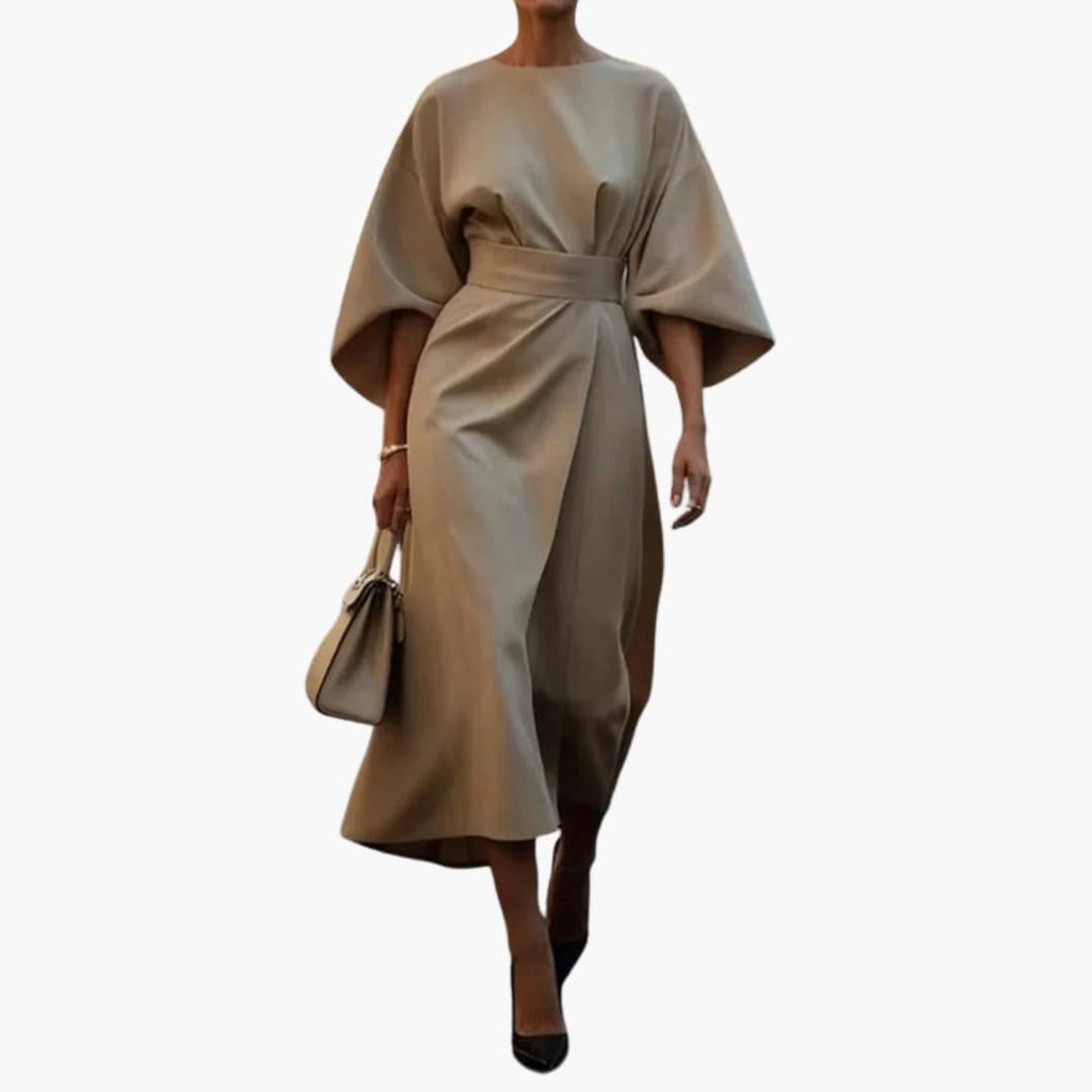 Women's Lantern Sleeve Dress – Waist Belt Detail Feminine Statement Style