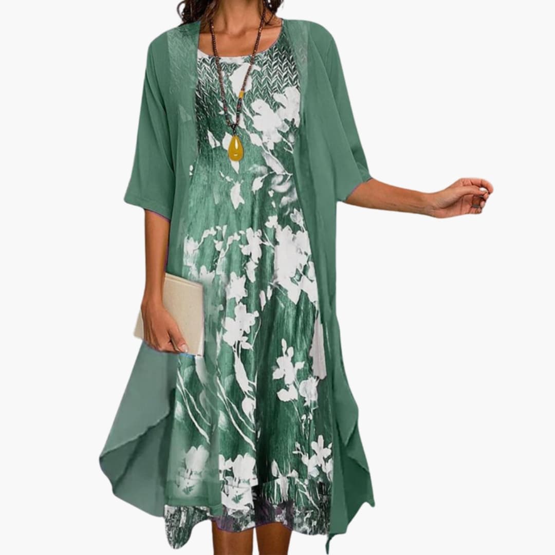 Women's Floral Maxi Dress Set – Matching Cardigan Elegant Layered Style