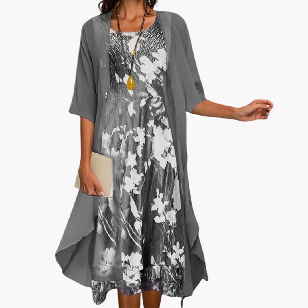Women's Floral Maxi Dress Set – Matching Cardigan Elegant Layered Style
