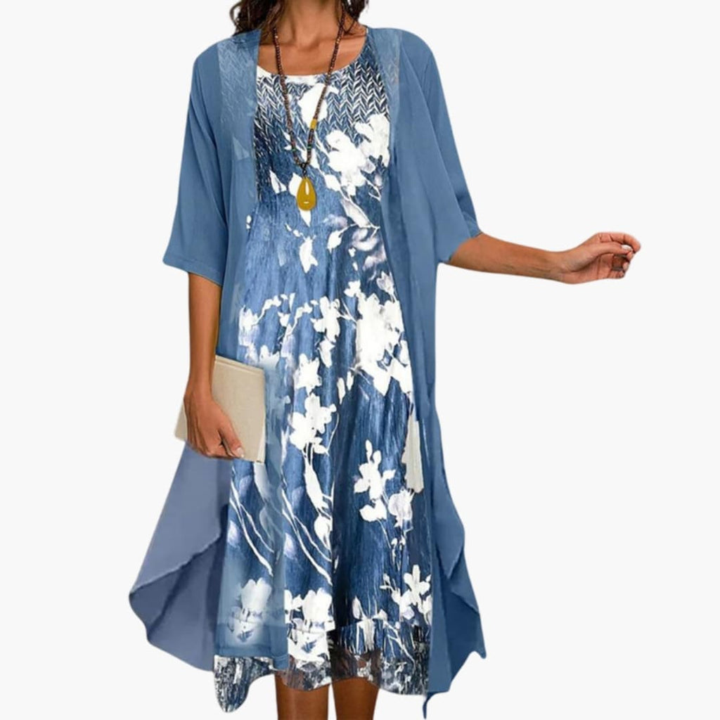 Women's Floral Maxi Dress Set – Matching Cardigan Elegant Layered Style