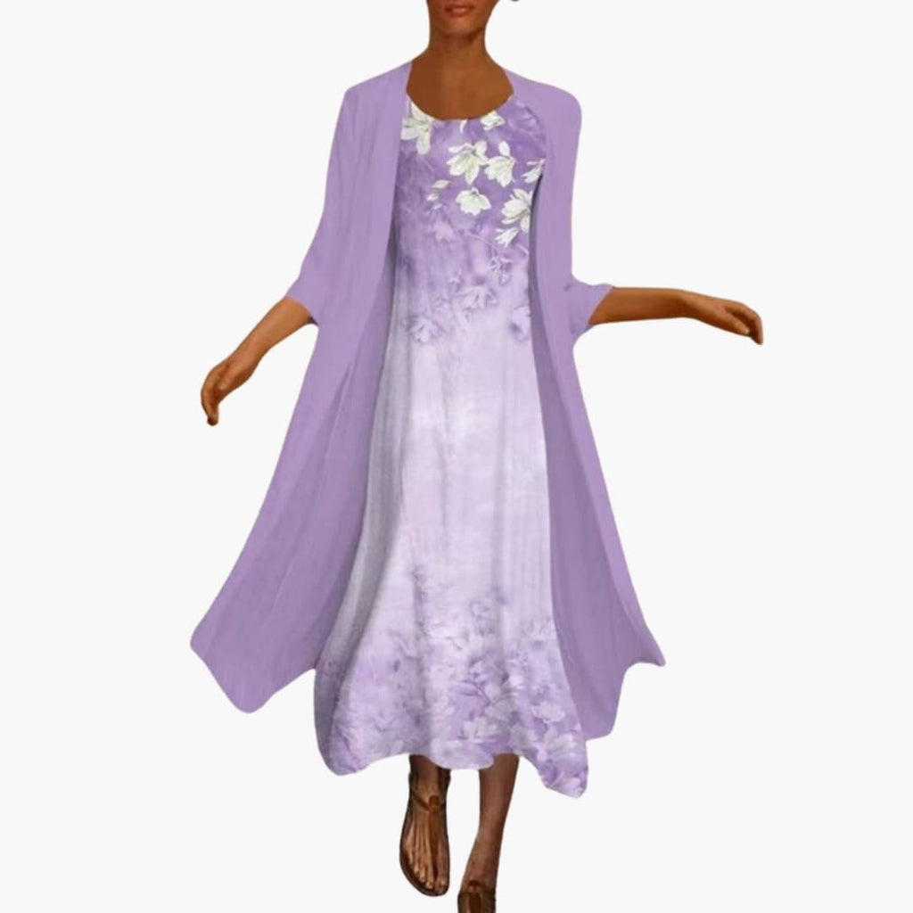 Women's Floral Maxi Dress – Two-Piece Set with Open Front Cardigan