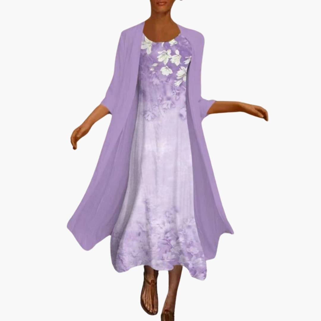 Women's Floral Maxi Dress – Two-Piece Set with Open Front Cardigan