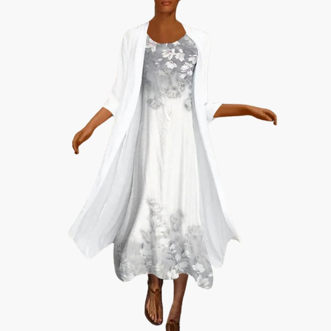Women's Floral Maxi Dress – Two-Piece Set with Open Front Cardigan
