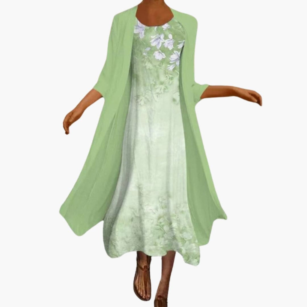 Women's Floral Maxi Dress – Two-Piece Set with Open Front Cardigan