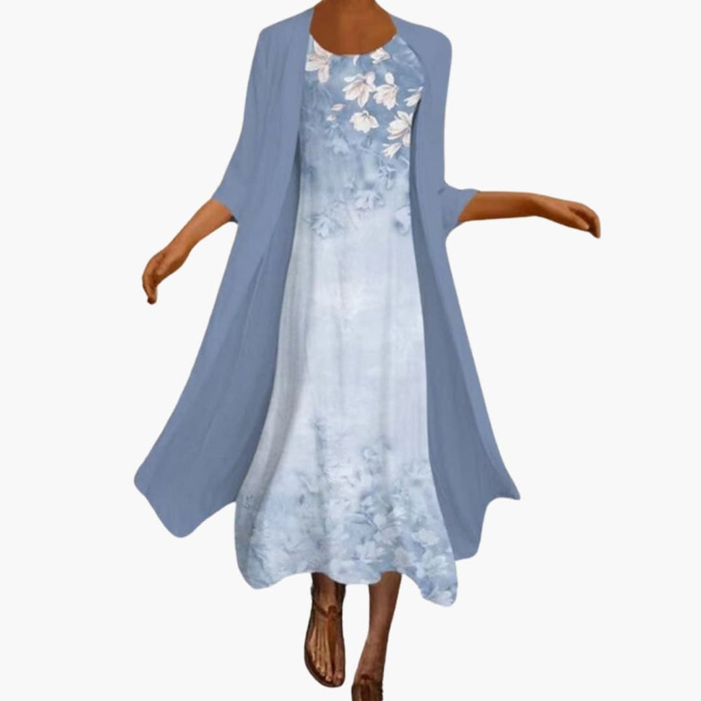 Women's Floral Maxi Dress – Two-Piece Set with Open Front Cardigan