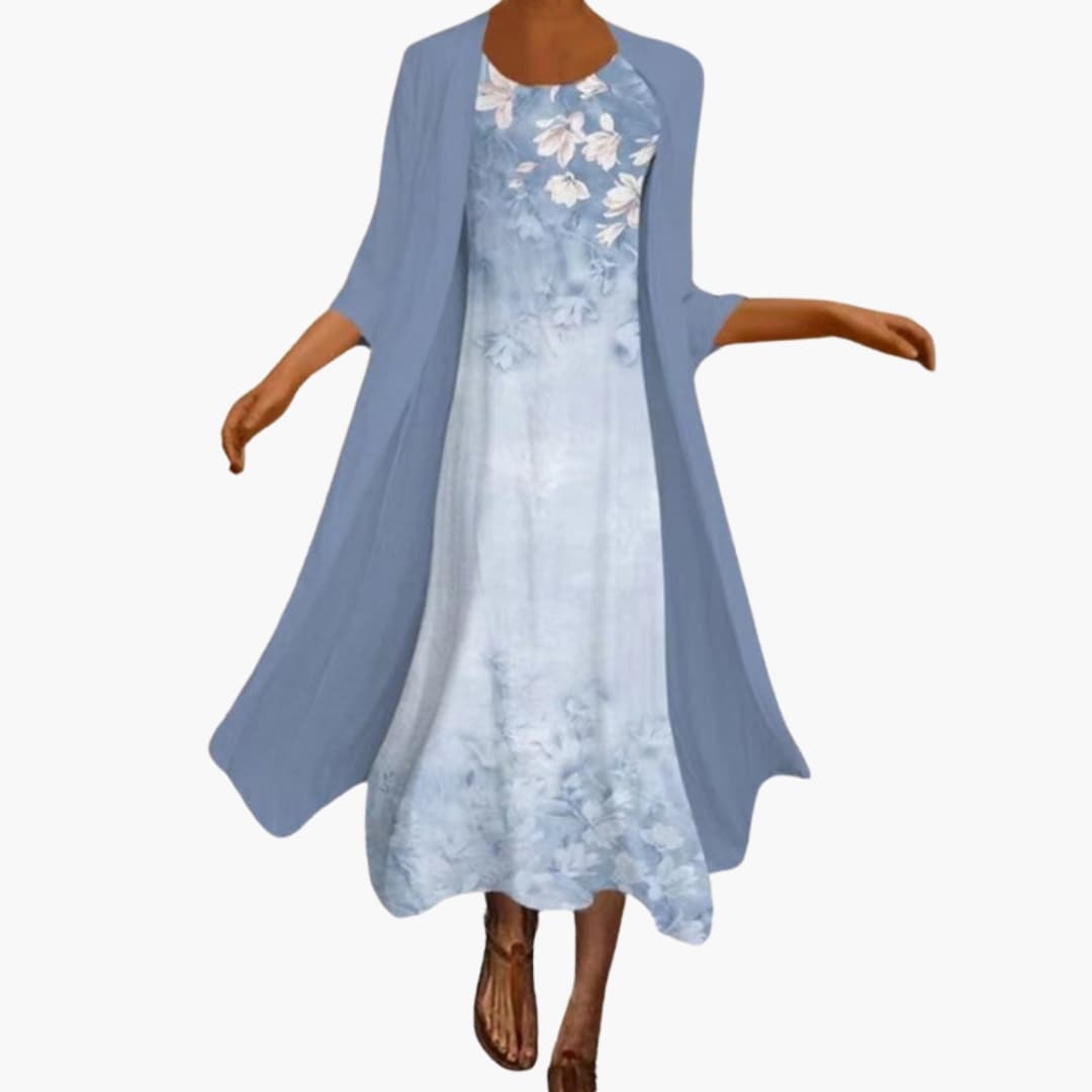Women's Floral Maxi Dress – Two-Piece Set with Open Front Cardigan