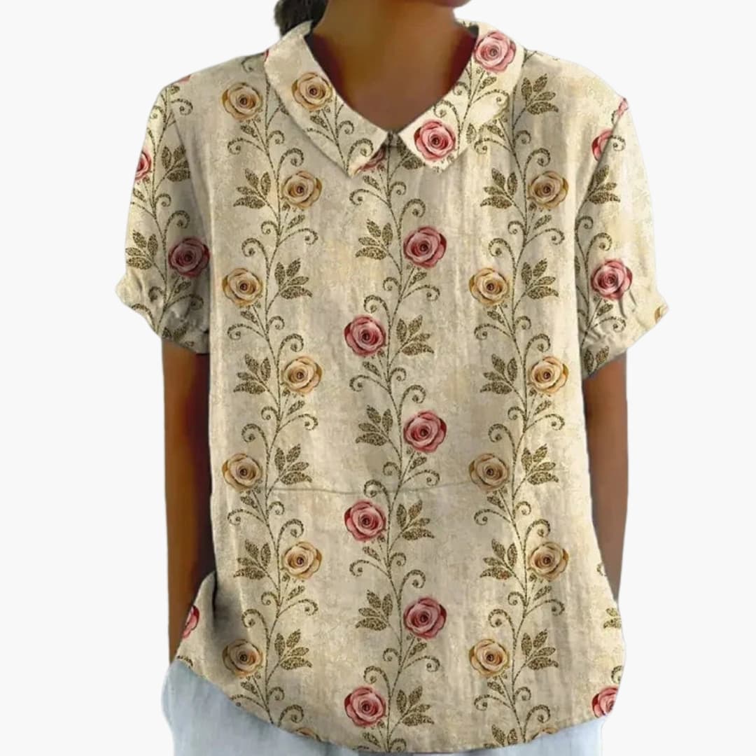 Women's Floral Print Crew Neck Blouse – Short Sleeve Woven Style