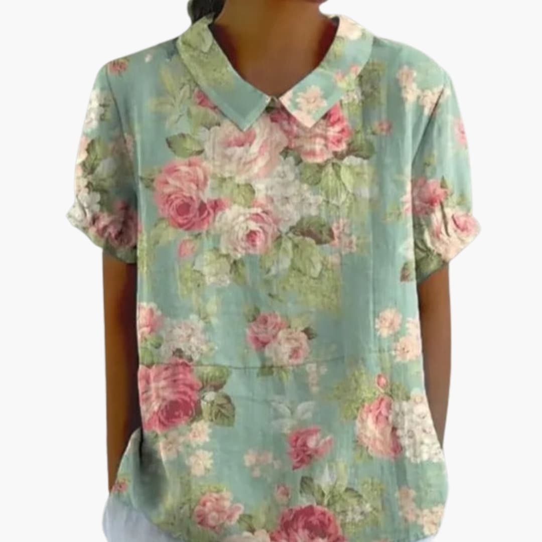 Women's Floral Print Crew Neck Blouse – Short Sleeve Woven Style
