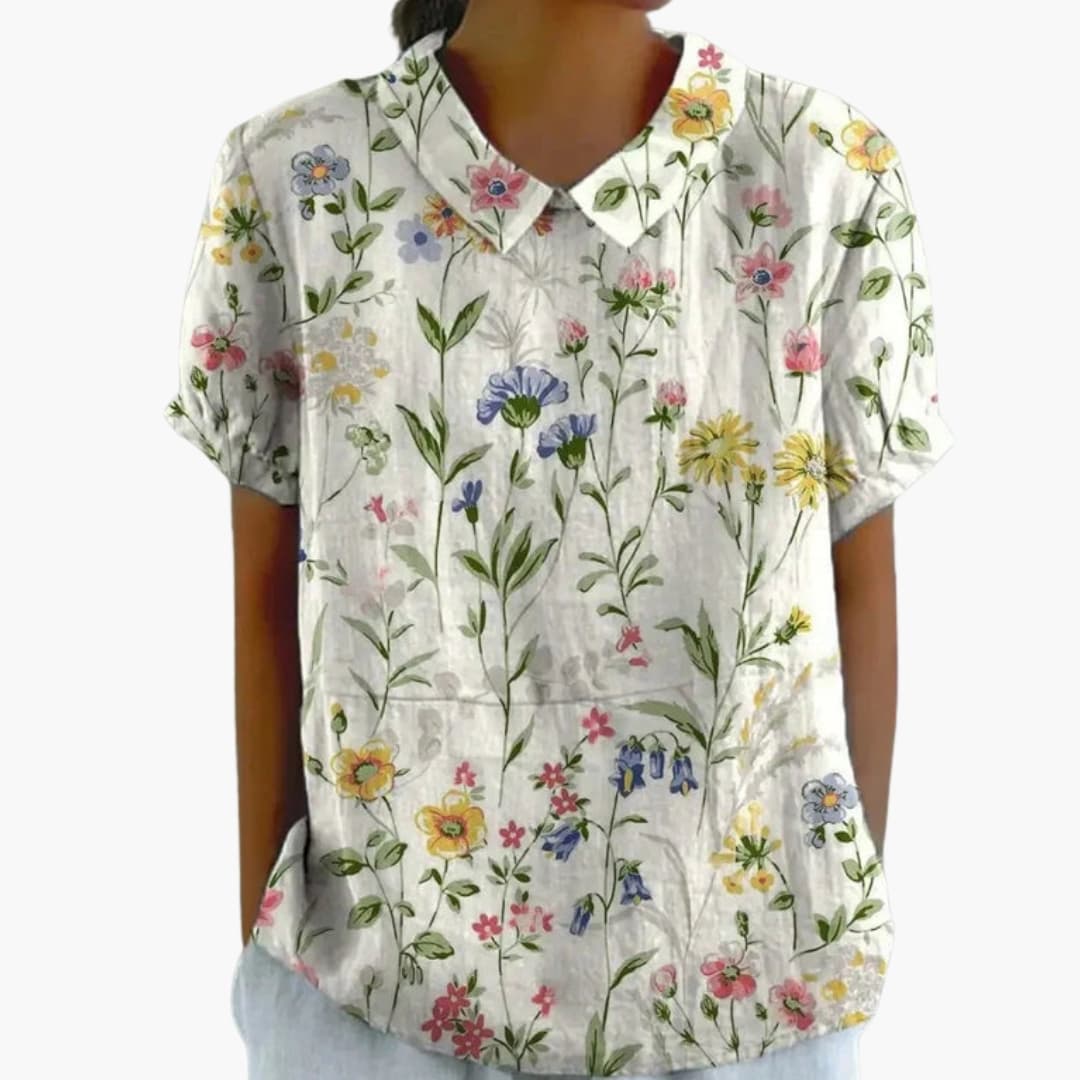 Women's Floral Print Crew Neck Blouse – Short Sleeve Woven Style