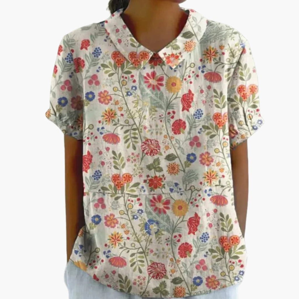 Women's Floral Print Crew Neck Blouse – Short Sleeve Woven Style