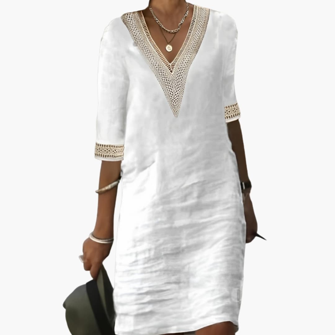 Women's Elegant V-Neck Knee-Length Dress – 3/4 Sleeve Timeless Comfort