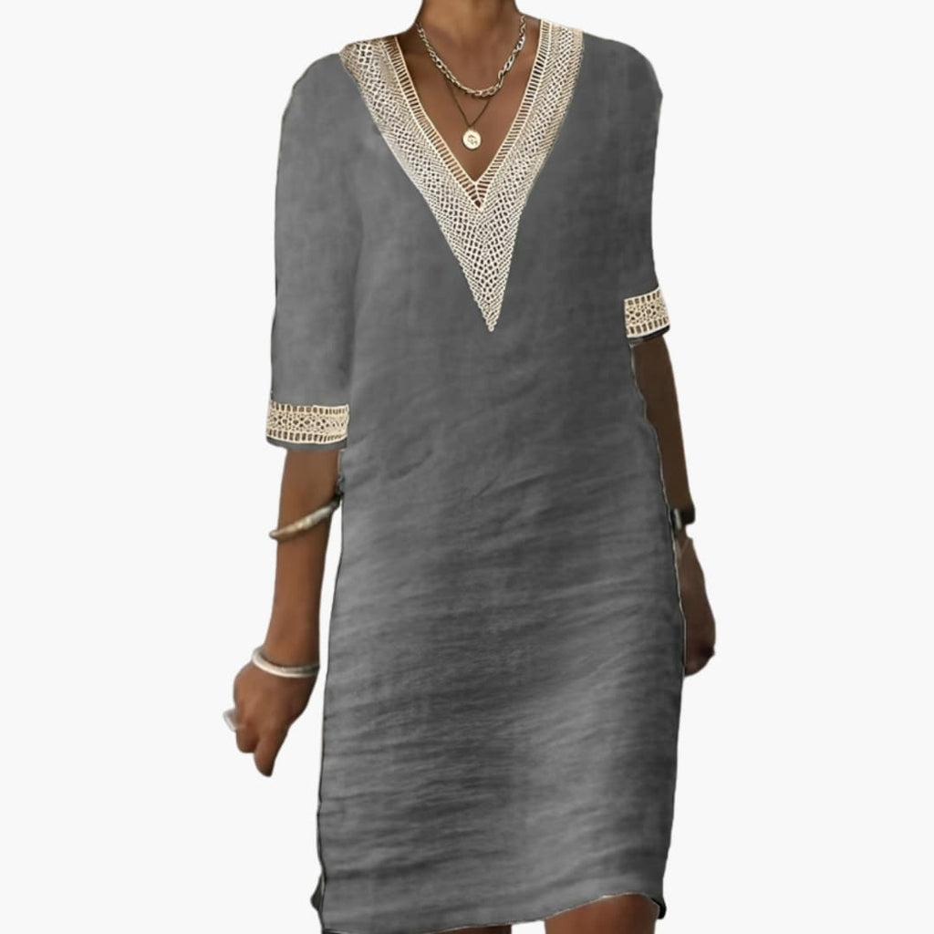 Women's Elegant V-Neck Knee-Length Dress – 3/4 Sleeve Timeless Comfort