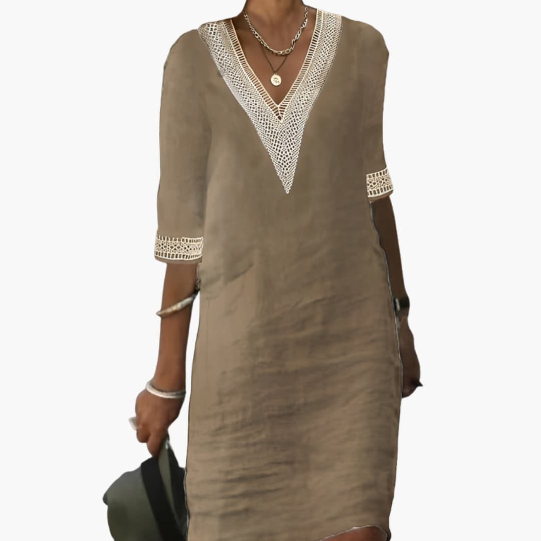 Women's Elegant V-Neck Knee-Length Dress – 3/4 Sleeve Timeless Comfort