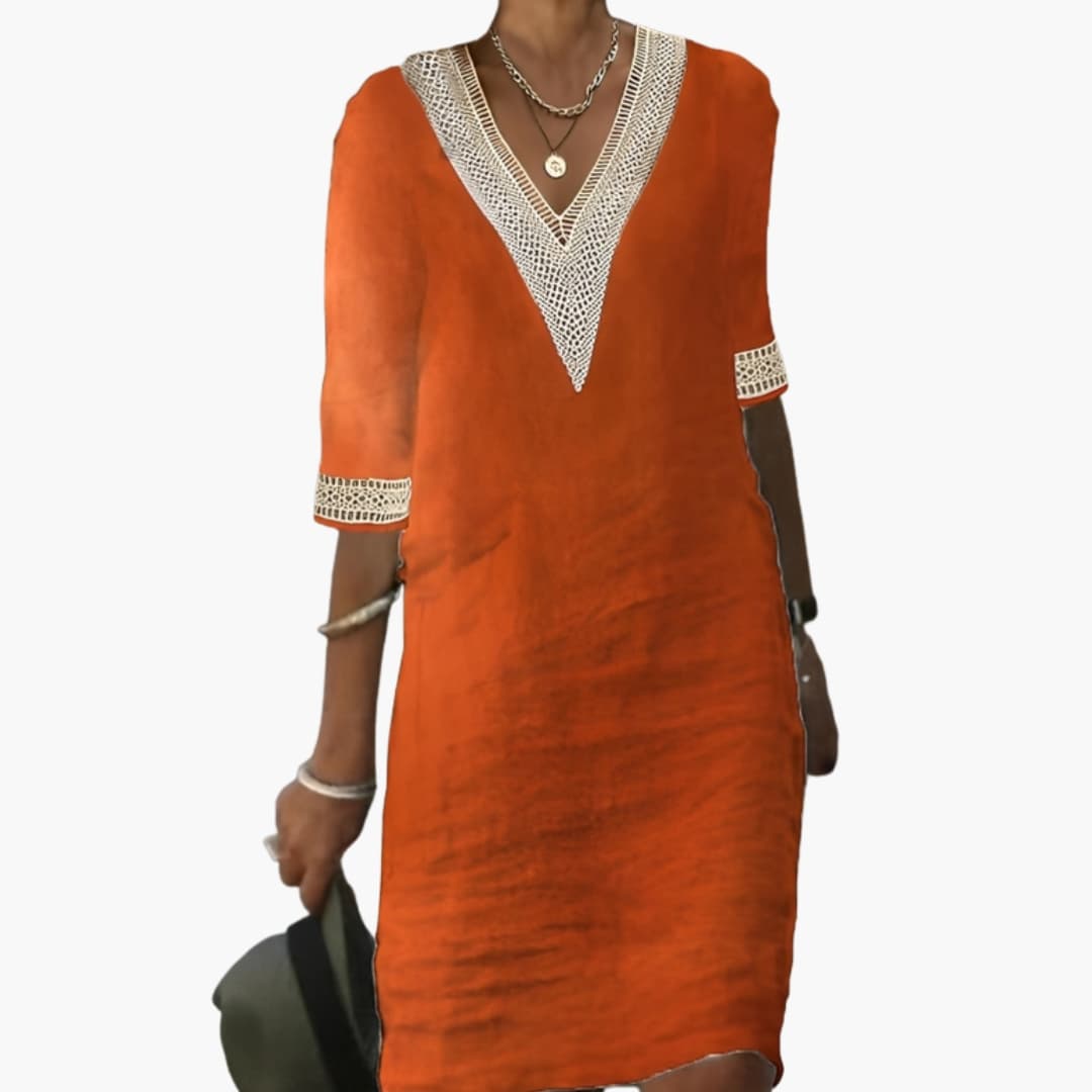Women's Elegant V-Neck Knee-Length Dress – 3/4 Sleeve Timeless Comfort