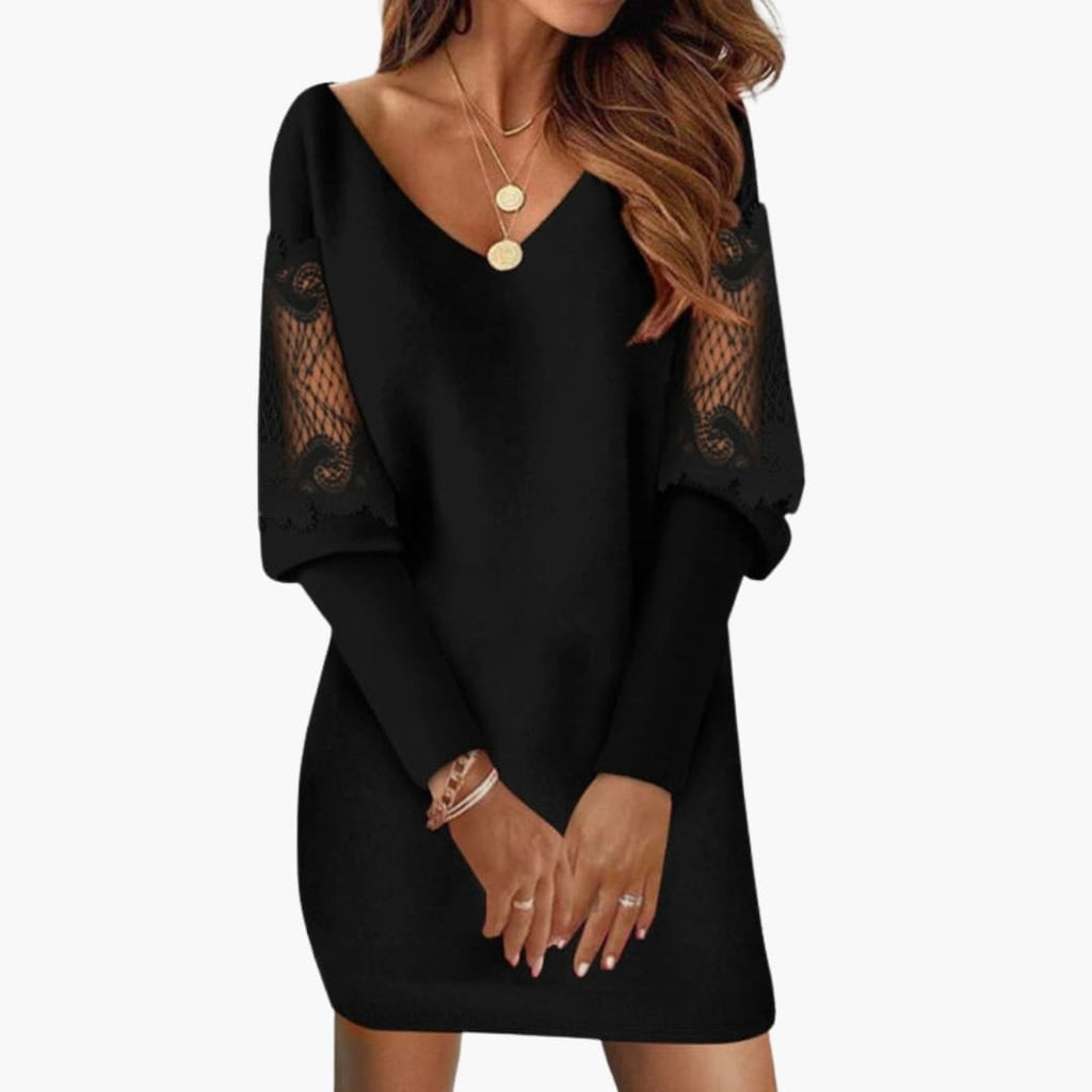 Women's Lace Detail Knee-Length Dress – V-Neck Feminine Occasion Style
