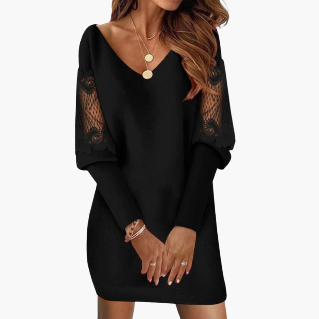 Women's Lace Detail Knee-Length Dress – V-Neck Feminine Occasion Style