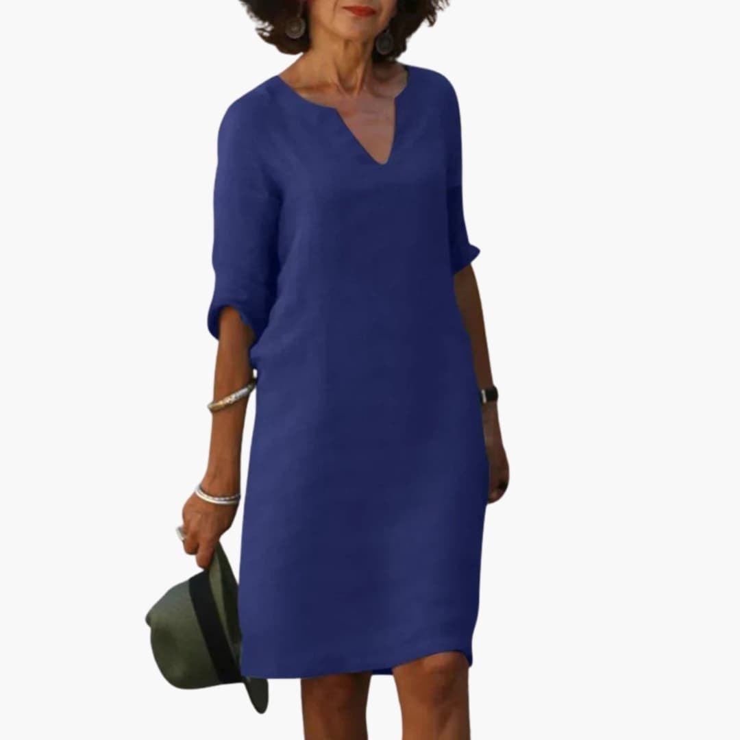 Women's Knee-Length V-Neck Dress – Three-Quarter Sleeves Classic Everyday Elegance