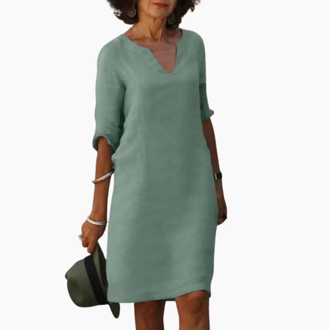 Women's Knee-Length V-Neck Dress – Three-Quarter Sleeves Classic Everyday Elegance