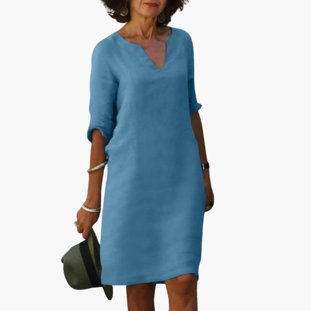 Women's Knee-Length V-Neck Dress – Three-Quarter Sleeves Classic Everyday Elegance