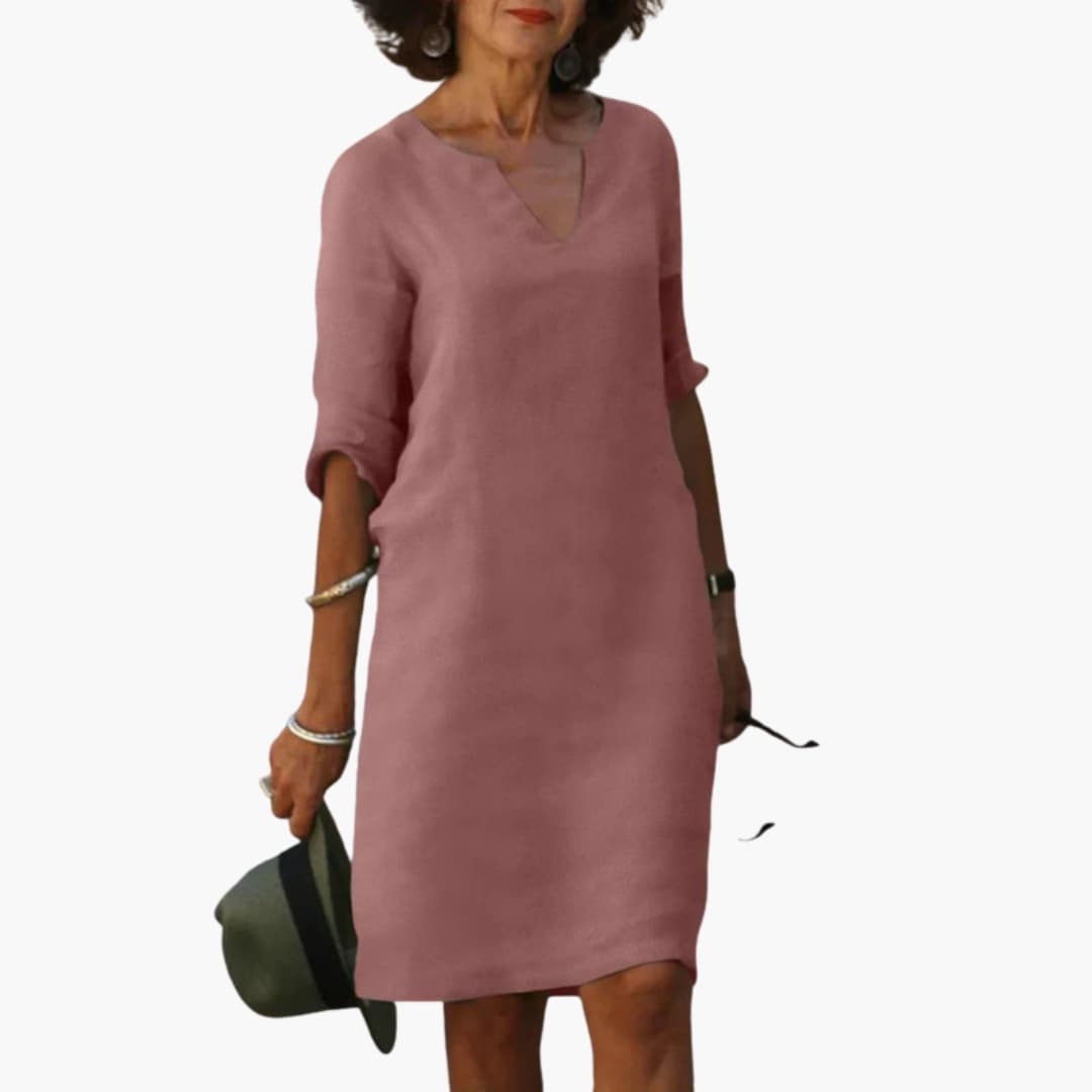 Women's Knee-Length V-Neck Dress – Three-Quarter Sleeves Classic Everyday Elegance