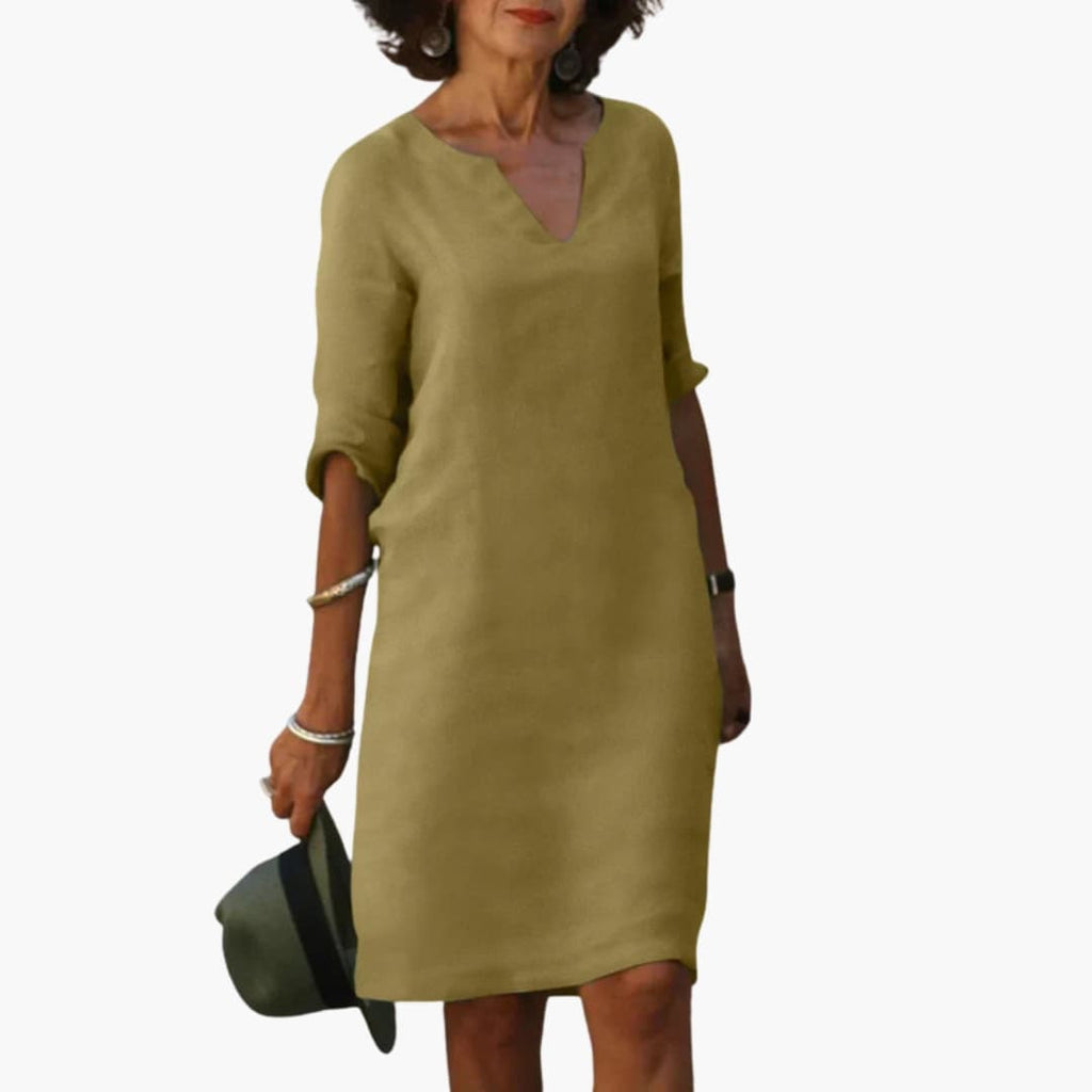 Women's Knee-Length V-Neck Dress – Three-Quarter Sleeves Classic Everyday Elegance