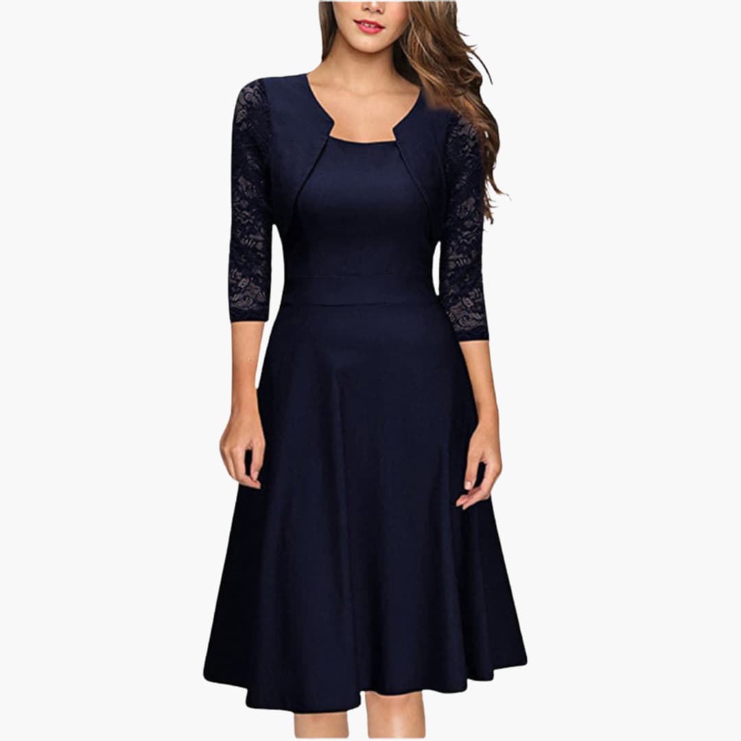 Women's Lace Sleeve Midi Dress – Flared Skirt Defined Waist Romantic Style