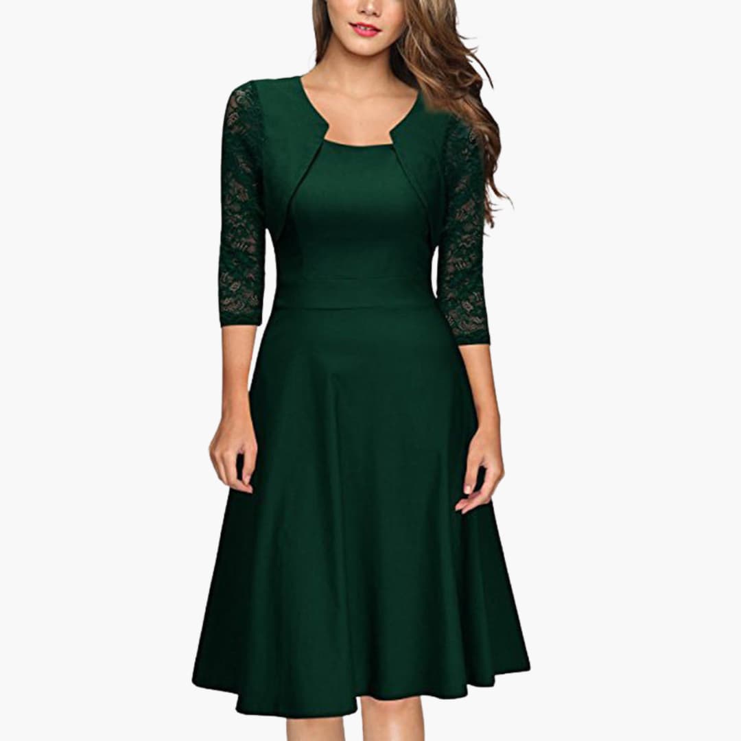 Women's Lace Sleeve Midi Dress – Flared Skirt Defined Waist Romantic Style