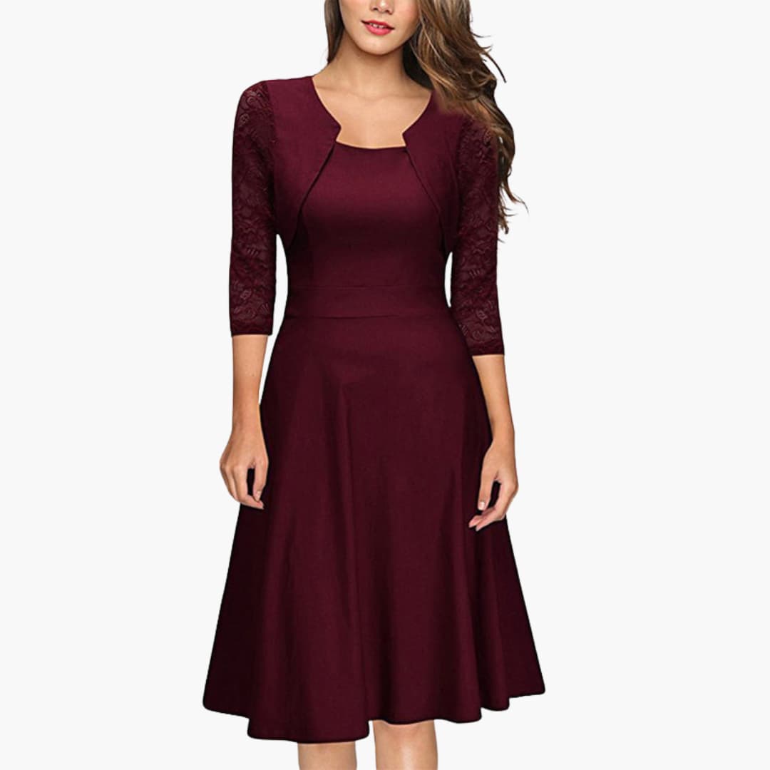Women's Lace Sleeve Midi Dress – Flared Skirt Defined Waist Romantic Style