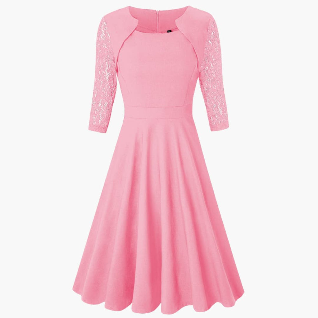 Women's Lace Sleeve Midi Dress – Flared Skirt Defined Waist Romantic Style