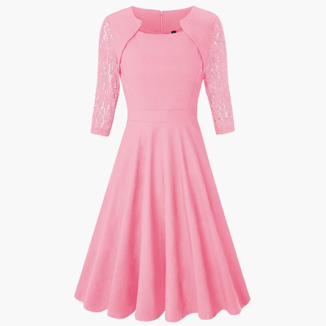 Women's Lace Sleeve Midi Dress – Flared Skirt Defined Waist Romantic Style