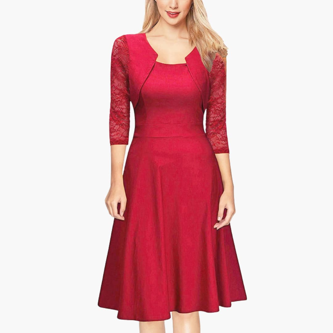 Women's Lace Sleeve Midi Dress – Flared Skirt Defined Waist Romantic Style